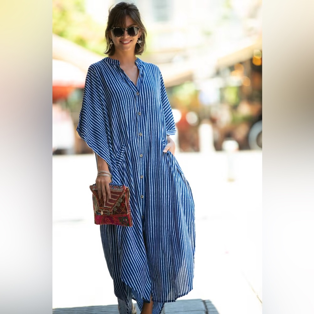 ANNABELLE Blue Striped Flowy Tunic Dress / Kaftan / Cover-Up